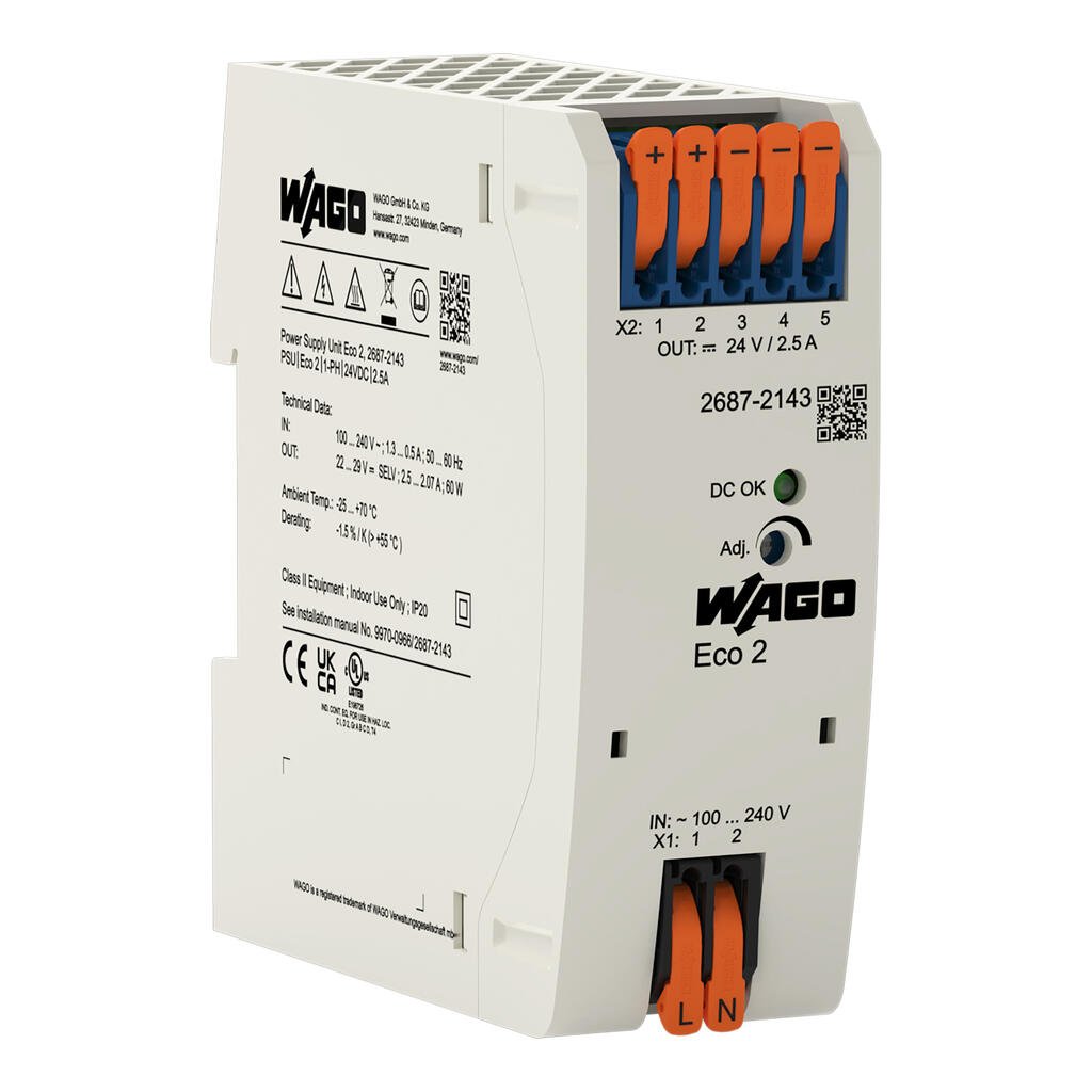 FUENTE ALIM. ECO 2 MONOFASICO SAL. 24 V DC 2.5 A PROTEC. CORTOCIRCUITO  AJUSTE SAL. LED DC-OK (WAG101252 / 2687-2143)