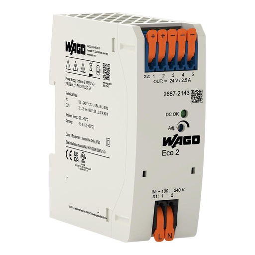 [WAG101252] FUENTE ALIM. ECO 2 MONOFASICO SAL. 24 V DC 2.5 A PROTEC. CORTOCIRCUITO  AJUSTE SAL. LED DC-OK (WAG101252 / 2687-2143)